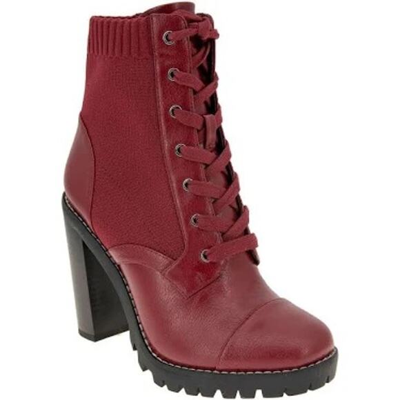 BCBG Pilas Bootie NEW $130 Red Block Heeled Laced Lug Sole Boot Size 9.5M - Picture 1 of 8